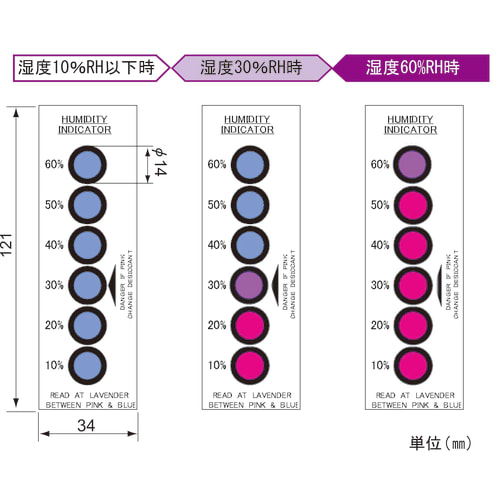 湿度指示器PHI3V/30-50Br 300片

产品名称
湿度指示器（可逆）


模型
PHI3V/30-50Br


反应湿度（%RH）
30・40・50


色调
蓝色 → 粉色


材料
100%原生纸浆，不含氯化钴


准确性
±5%RH(25℃时)


数量
300 件